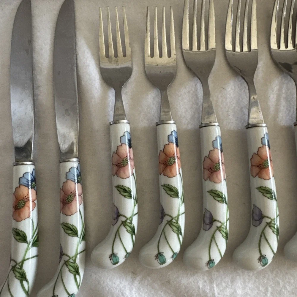 9 House of Prill POPPY Porcelain Handled Flatware Salad, Dinner Fork Spoon Knife